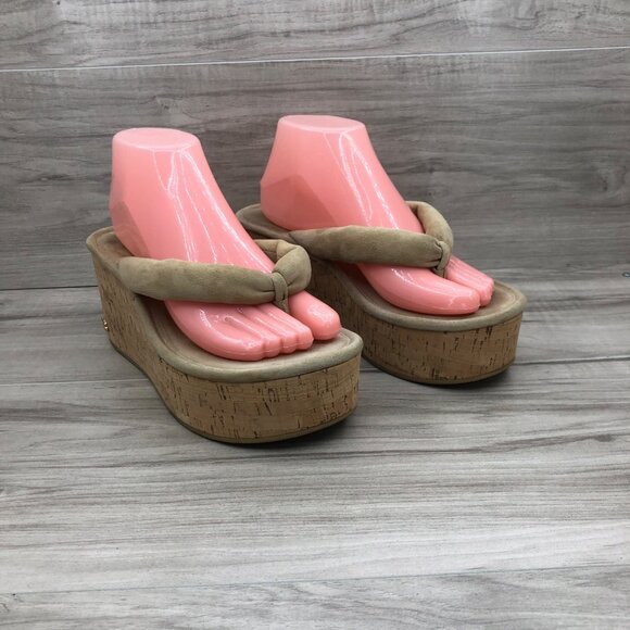 Veronica Beard Pink and Tan Wedge Sandals - Picture 2 of 12